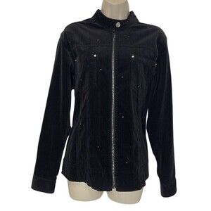 Quacker Factory Black Corduroy Jacket Rhinestone Zip Jacket Size M Stretch